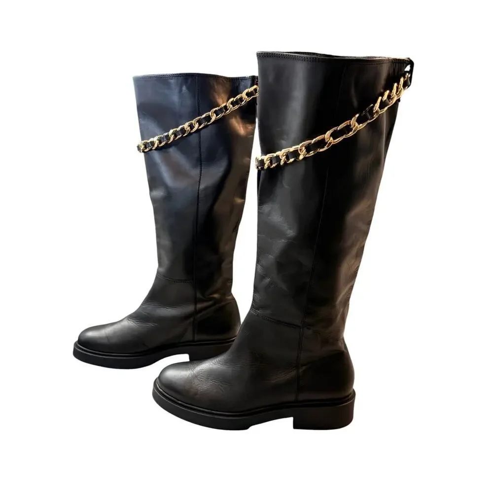 Anthropologie Alohas Pier Black Leather Chain Boots Size 40 NWOT